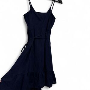 GAP Navy Blue Ruffle Wrap V Neck Linen Blend Summer Dress